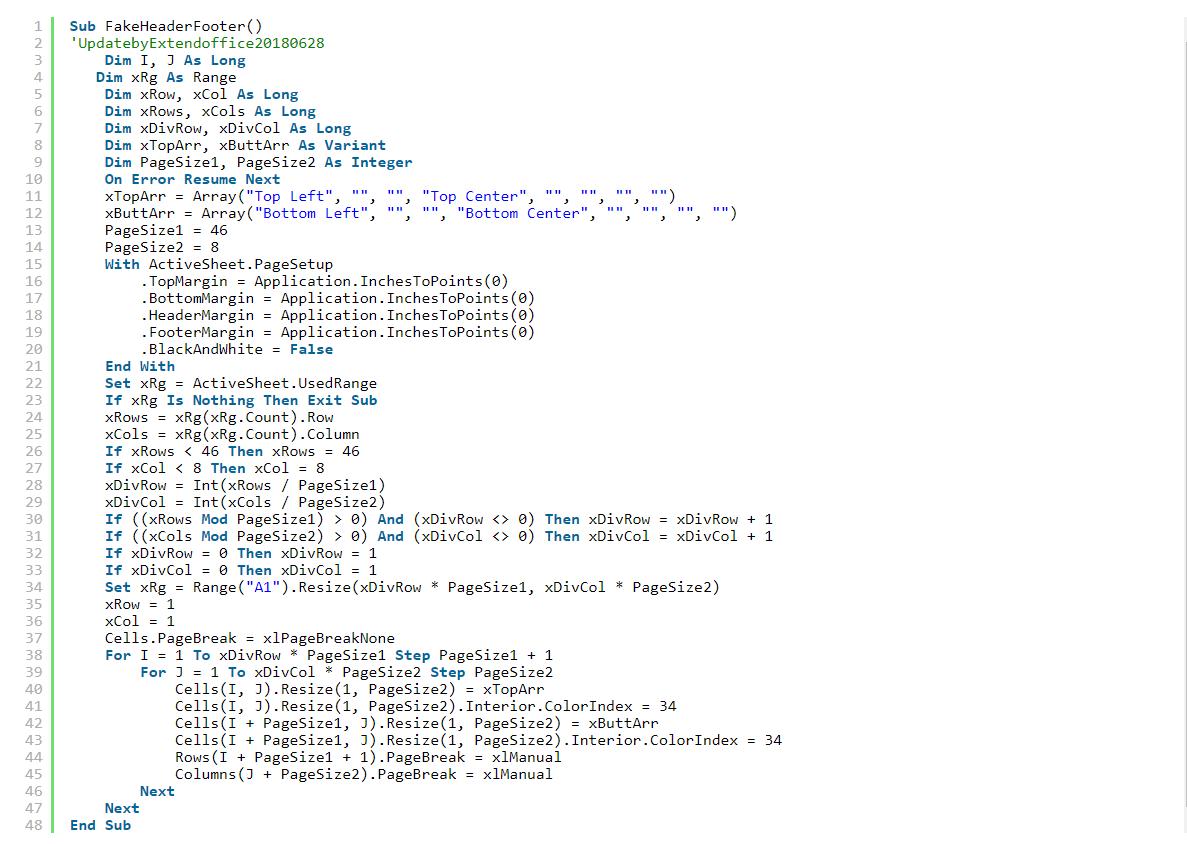 Mã VBA để thêm màu vào đầu và cuối trang